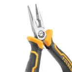 Close-up of Tolsen 4.5 inch mini long nose pliers jaws, showing steel jaws with brand logo and model number 10352
