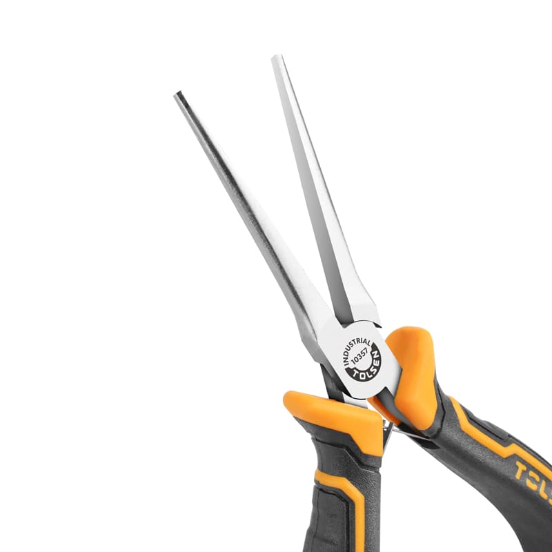 Close-up of Tolsen 6 inch mini needle nose pliers jaws, showing needle nose