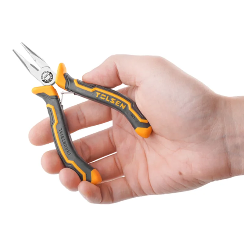 Close-up of hand holding Tolsen 4.5 inch mini long nose pliers