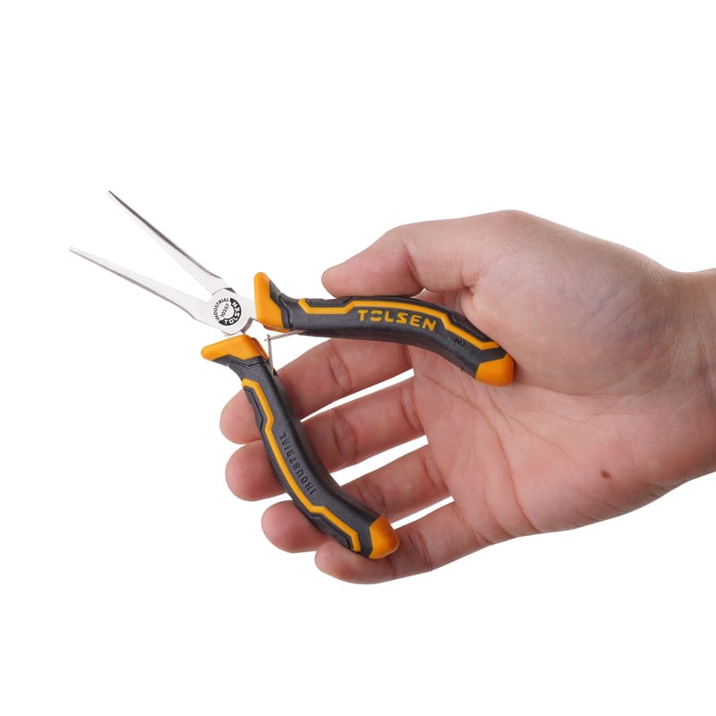 Close-up of hand holding Tolsen 6 inch mini needle nose pliers