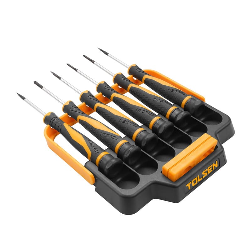 Tolsen precision screwdriver set organized in a branded black plastic storage rack holder.