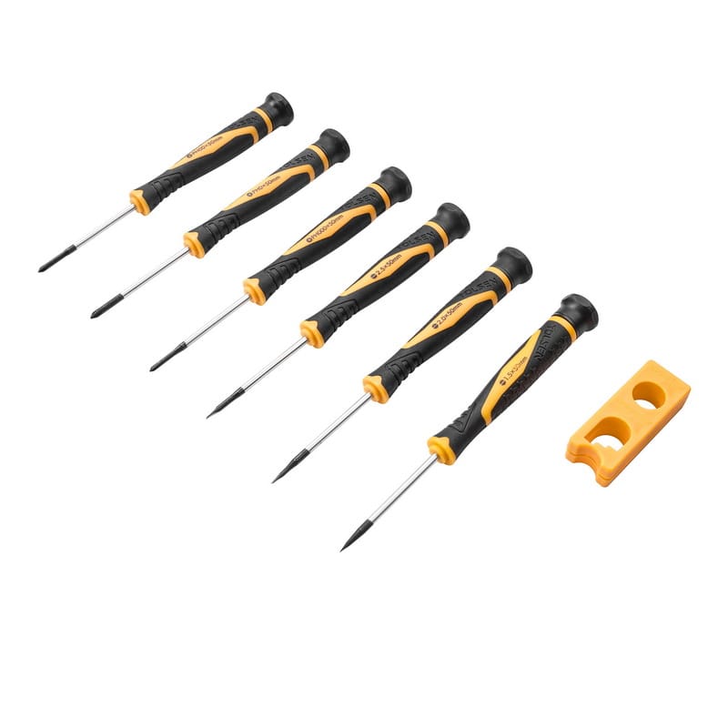 Set of 6 Tolsen precision screwdrivers displayed with the included yellow magnetizer/demagnetizer tool.