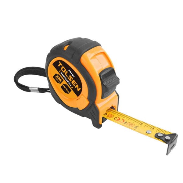Angled front view of Tolsen Industrial 3m measuring tape with metric blade partially extended, showing orange and black rubber casing.