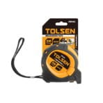 Front view of the 5 meter Tolsen Industrial measuring tape attached to its official cardboard display packaging.