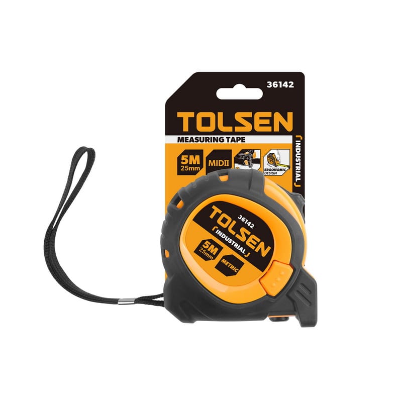 Front view of the 5 meter Tolsen Industrial measuring tape attached to its official cardboard display packaging.