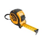 Heavy duty Tolsen 8m Industrial measuring tape with blade extended, featuring a durable black rubber and orange case.