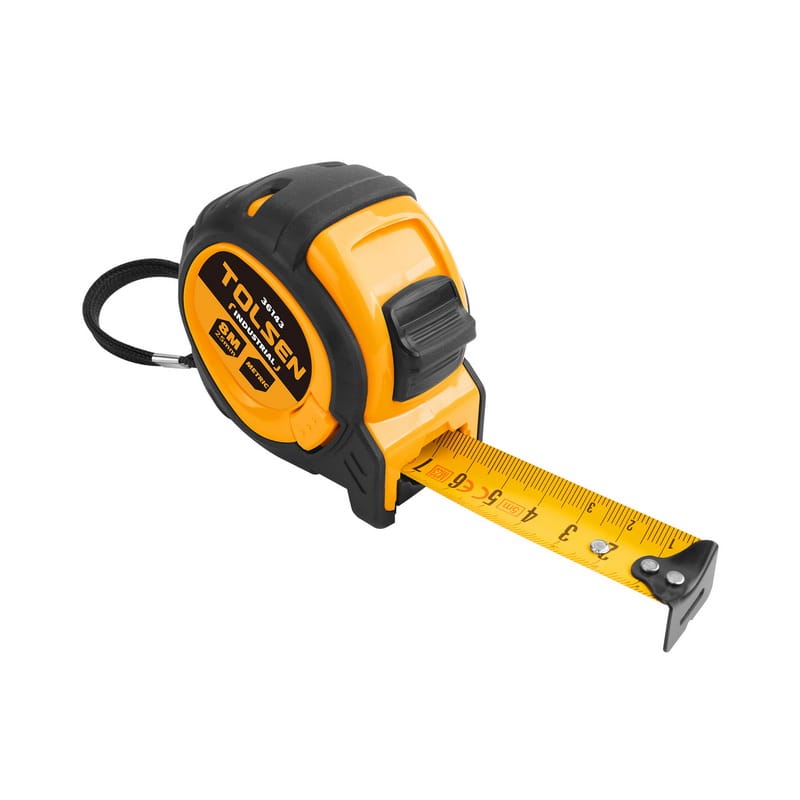 Heavy duty Tolsen 8m Industrial measuring tape with blade extended, featuring a durable black rubber and orange case.