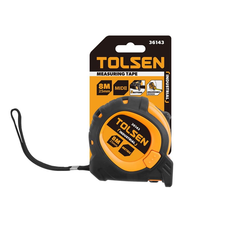 8 meter Tolsen Industrial measuring tape in its original retail packaging, clearly showing the metric specific label.