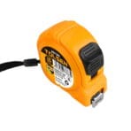 Front angled view of 3 meter 10 foot Tolsen measuring tape, showing the product label, thumb lock, and orange casing.