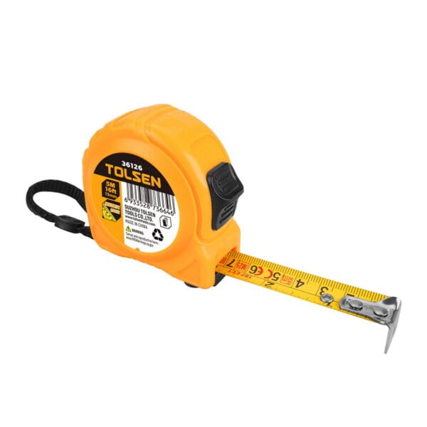 Tolsen 5 meter 16 foot measuring tape with the yellow blade extended, showing clear metric and imperial markings.
