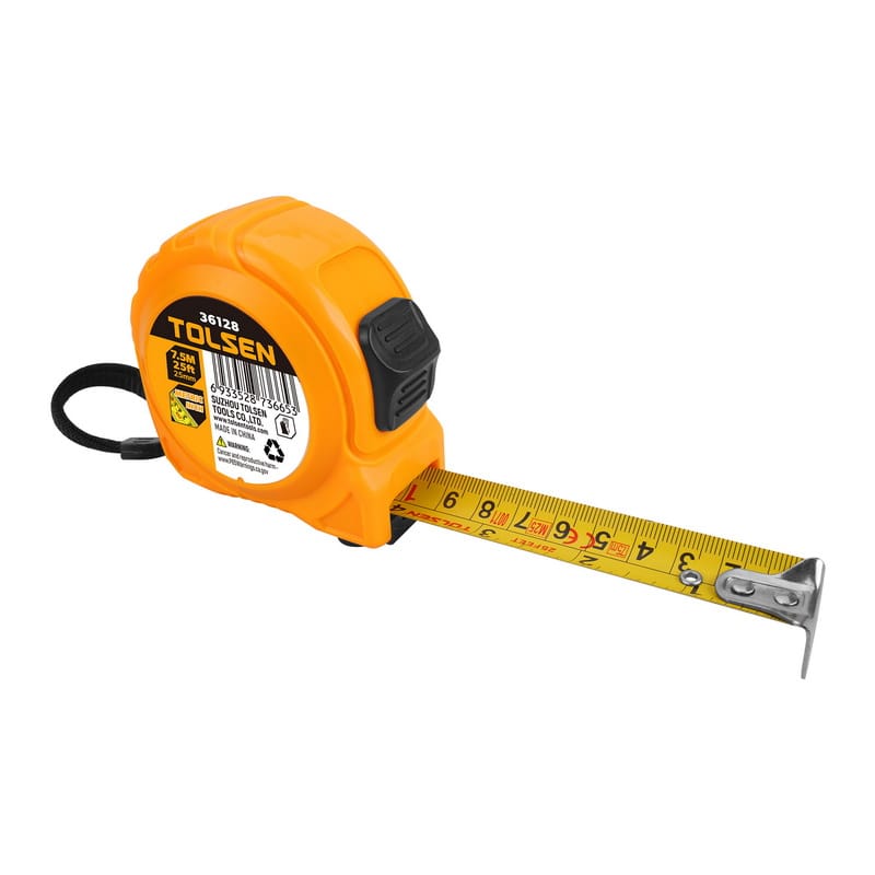 Tolsen 7.5 meter 25 foot measuring tape with extended blade, featuring an orange impact-resistant case and thumb lock.