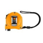 Back view of Tolsen measuring tape displaying the sturdy metal belt clip and black wrist strap.