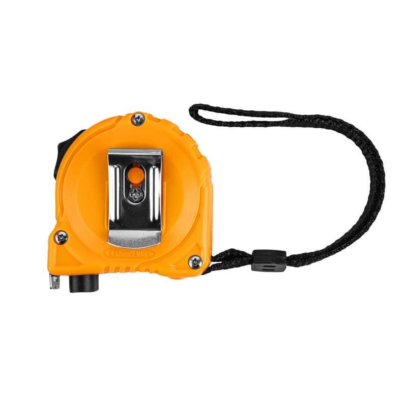 Back view of Tolsen measuring tape displaying the sturdy metal belt clip and black wrist strap.