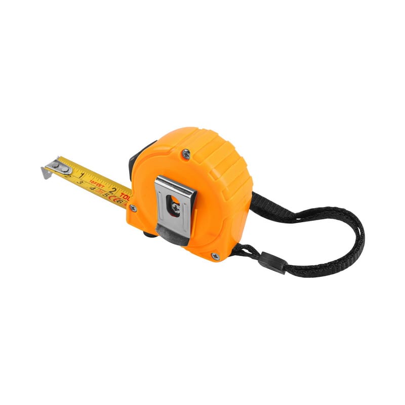 Tolsen measuring tape showing the back metal belt clip, extended yellow blade, and black hand lanyard.
