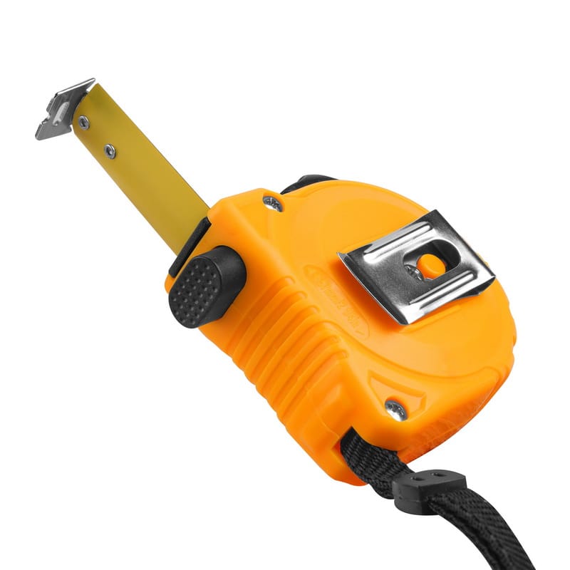 Angled back view of Tolsen measuring tape with the blade extended, highlighting the side lock button and belt clip.