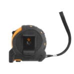 Flat rear view of Tolsen measuring tape showcasing the back metal belt clip and attached black wrist lanyard.