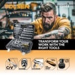A man is using TOLSEN 82Pcs Socket Setto repair a car