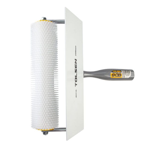 Top-down view of Tolsen 250mm venting roller showing the handle grip and "Tolsen 40116" branding on the splash shield.