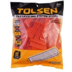 Packaging bag of Tolsen 41105 tile leveling system sticks containing 100 reusable red wedges, 90mm length.