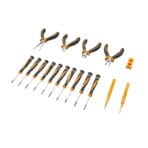 Full contents of Tolsen 17pcs precision repair set including screwdrivers, mini pliers, tweezers, and magnetizer laid out flat.