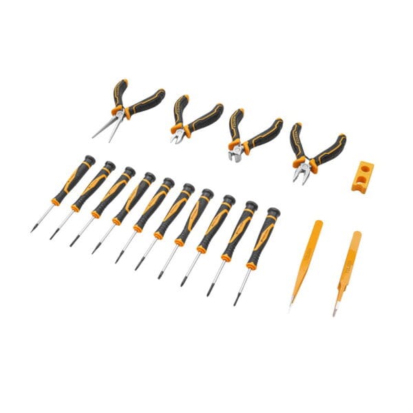 Full contents of Tolsen 17pcs precision repair set including screwdrivers, mini pliers, tweezers, and magnetizer laid out flat.