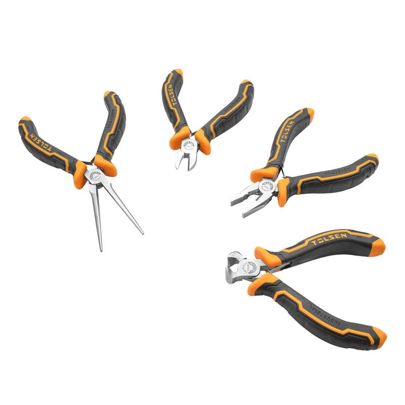 Set of four Tolsen mini pliers including diagonal cutting, long nose, combination, and end cutting pliers.