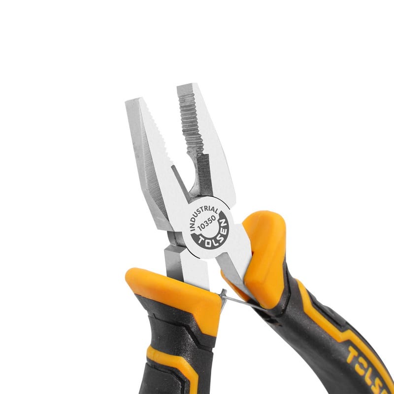 Tolsen precision combination pliers featuring serrated jaws and wire cutter for gripping and cutting.