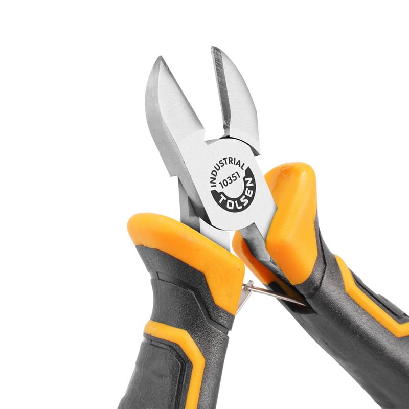 Detail shot of Tolsen precision diagonal cutting pliers showing the sharp cutting edge and return spring.