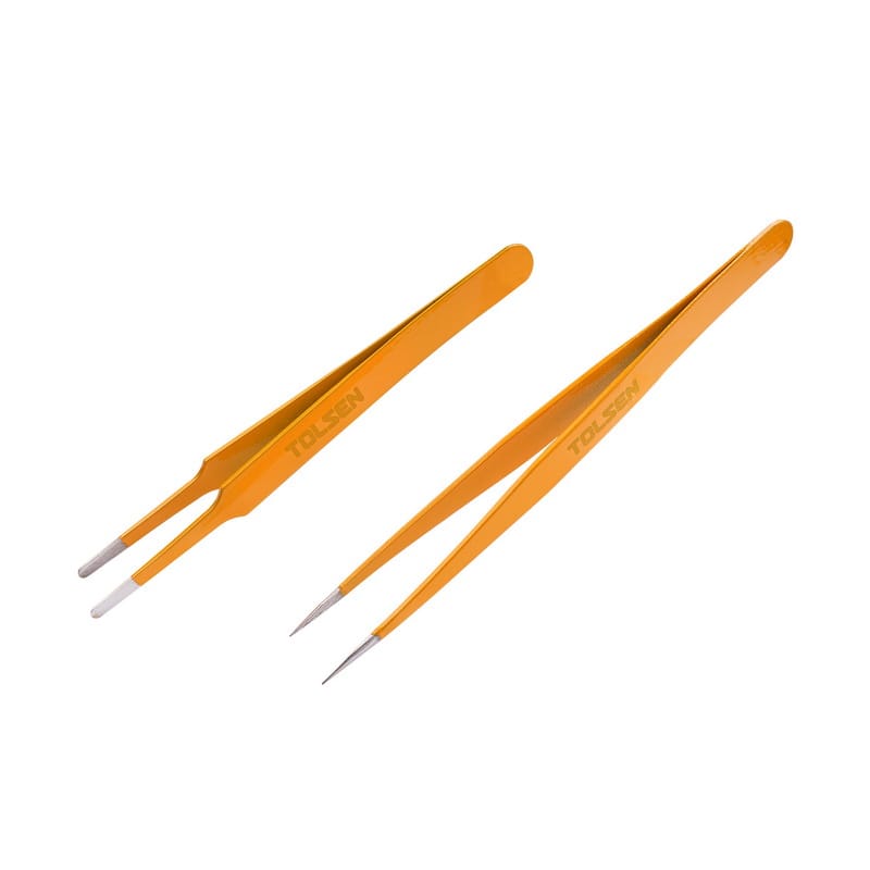 Pair of Tolsen stainless steel precision tweezers, including one straight tip and one bent tip for electronics repair.