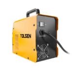 Rear view of Tolsen 5.1KVA Inverter MIG DC Welding Machine showing the on-off switch, cooling fan, and AC230V power cord.