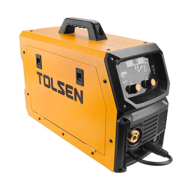 Front view of Tolsen 6.9KVA Inverter MIG DC Welding Machine featuring dual digital LED displays and control knobs.