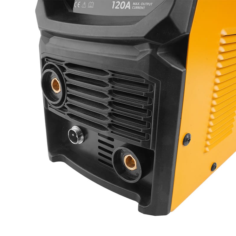 Front panel close-up of Tolsen 5.1KVA welding machine showing 120A max output, torch connector, and cable terminals.