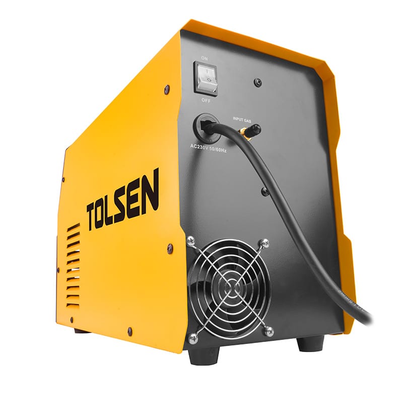 Rear panel of Tolsen MIG welder showing the on-off switch, cooling fan, and gas input connection.