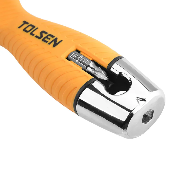 Close-up of the Tolsen 14-in-1 putty knife handle showing a hidden CR-VPH1 screwdriver bit
