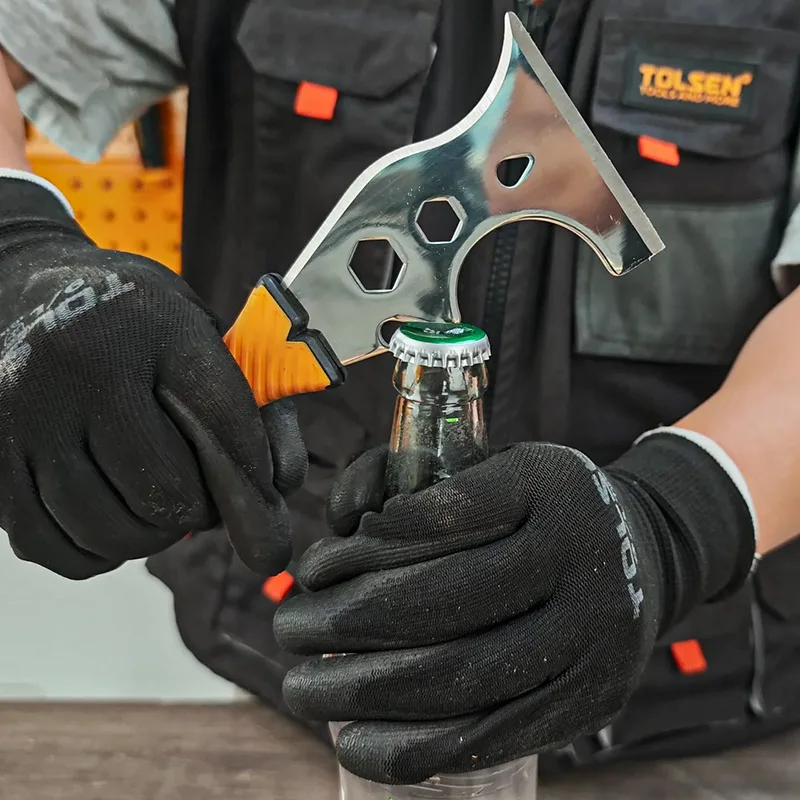 Tolsen 14-in-1 multi-tool putty knife demonstrating its bottle opening function