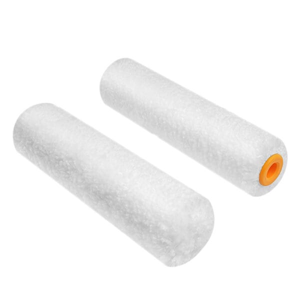Pair of Tolsen 100mm white microfiber mini paint roller refills with orange cores.
