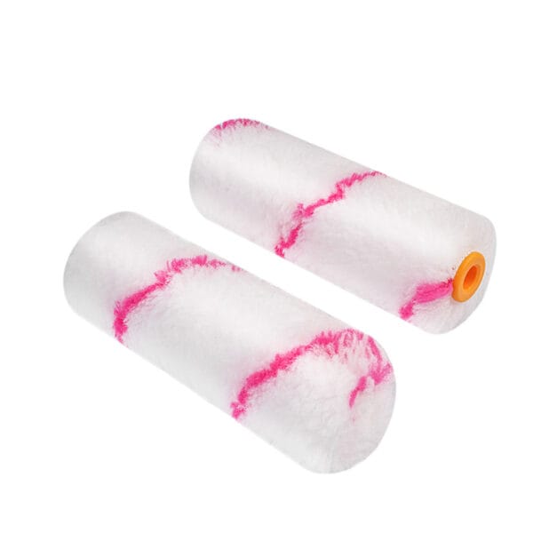 Pair of Tolsen 100mm polyester mini paint roller covers with pink stripes and orange cores.