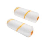 Pair of Tolsen 100mm polyester mini paint roller refills featuring a yellow spiral pattern.