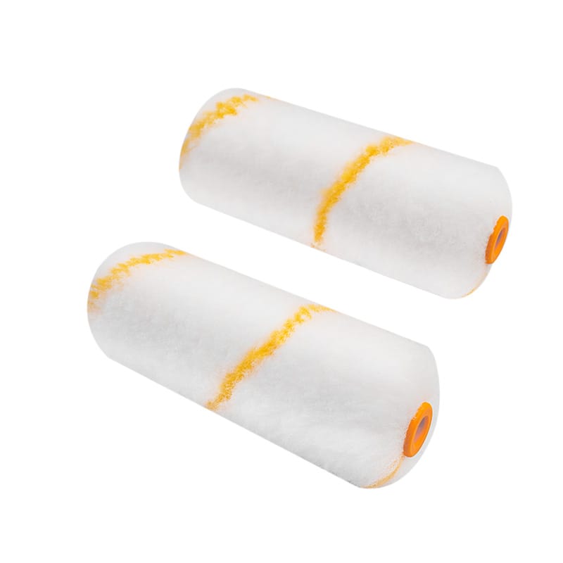Pair of Tolsen 100mm polyester mini paint roller refills featuring a yellow spiral pattern.