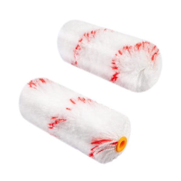 Pair of Tolsen 4-inch mini paint roller refills made from 100% polyamide with red stripes for smooth painting.
