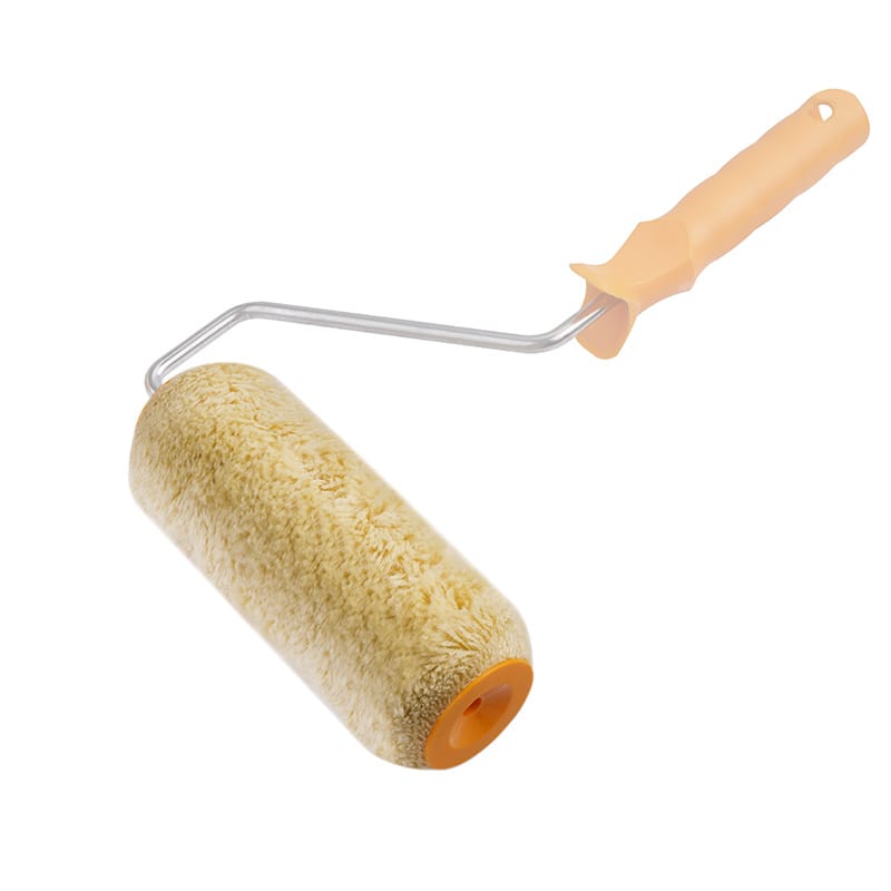 Tolsen 7-inch yellow acrylic roller cover mounted on a paint roller frame, ready for application.