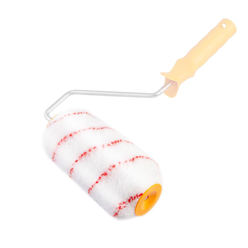 Tolsen 7-inch red stripe polyamide roller cover mounted on a handle frame, ideal for exterior facade painting.
