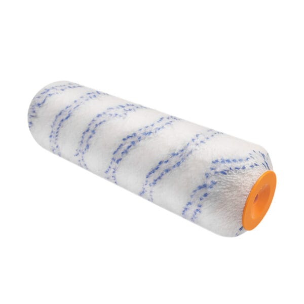 Full view of Tolsen 10-inch paint roller refill featuring distinctive blue stripes and durable acrylic-polyester mixed material.