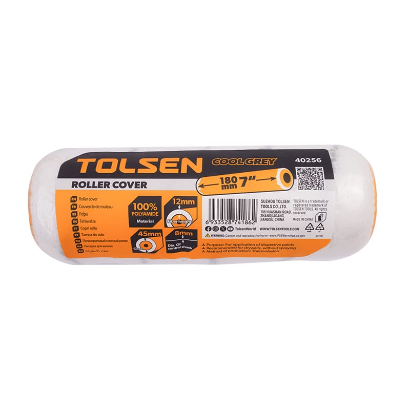 Retail packaging of Tolsen 40256 7-inch (180mm) polyamide paint roller cover with 12mm fiber height.