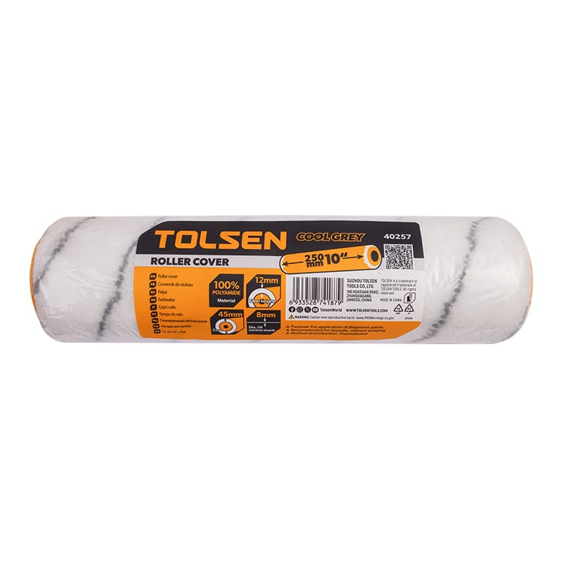 Packaging of Tolsen 40257 10-inch (250mm) large polyamide roller cover for wide surface painting.