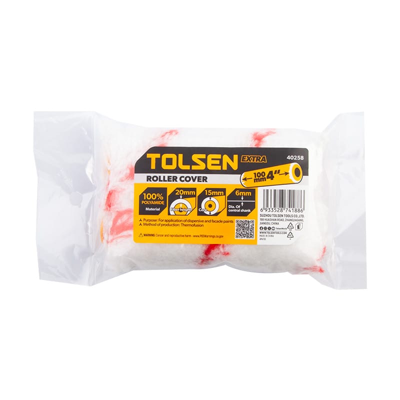 Retail packaging of Tolsen 40258 4-inch (100mm) extra polyamide roller covers featuring red stripes.