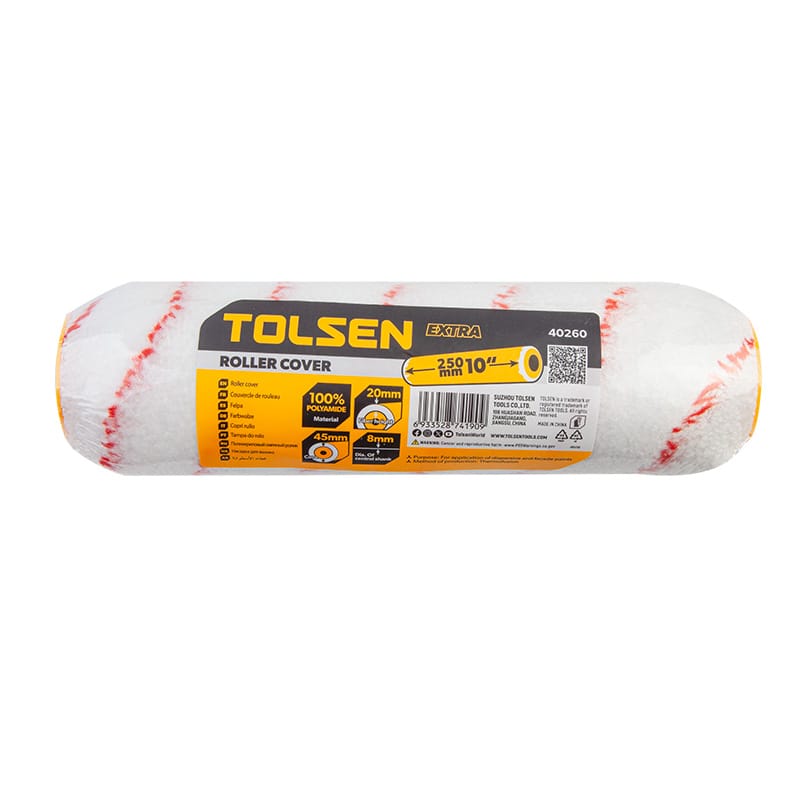 Packaging of Tolsen 40260 10-inch (250mm) extra polyamide roller cover designed for dispersive and facade paints.