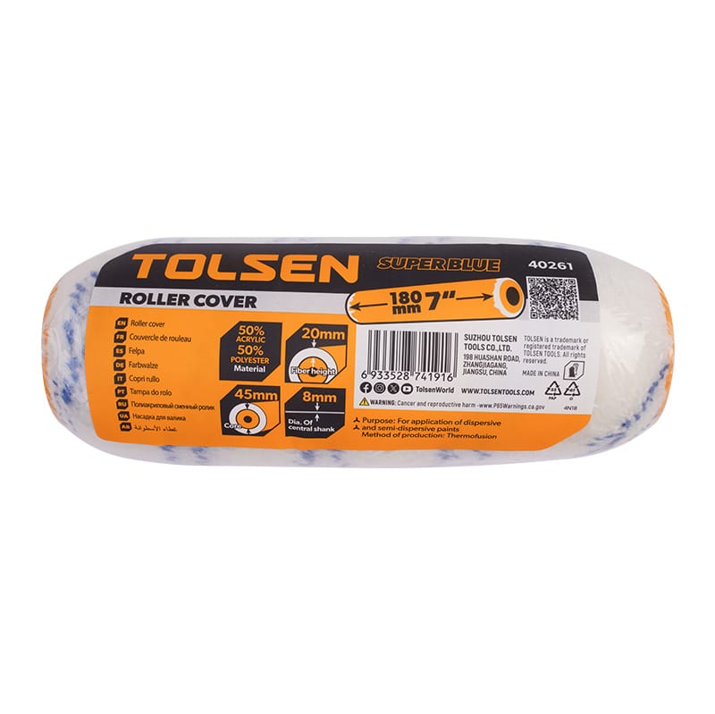 Retail packaging of Tolsen 40261 7-inch "Super Blue" roller cover made from a 50% acrylic and 50% polyester blend.