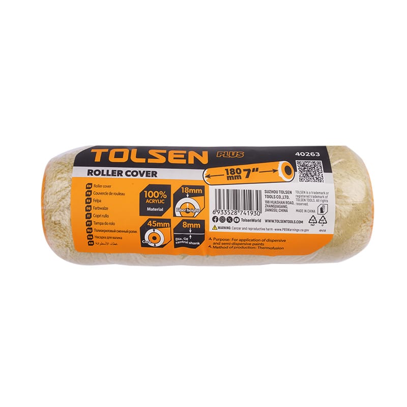 Retail packaging of Tolsen 40263 7-inch (180mm) "Plus" series roller cover made from 100% acrylic material.