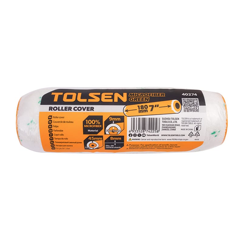 Packaging of Tolsen 40274 microfiber roller cover 7-inch 180mm showing 9mm fiber height specs.